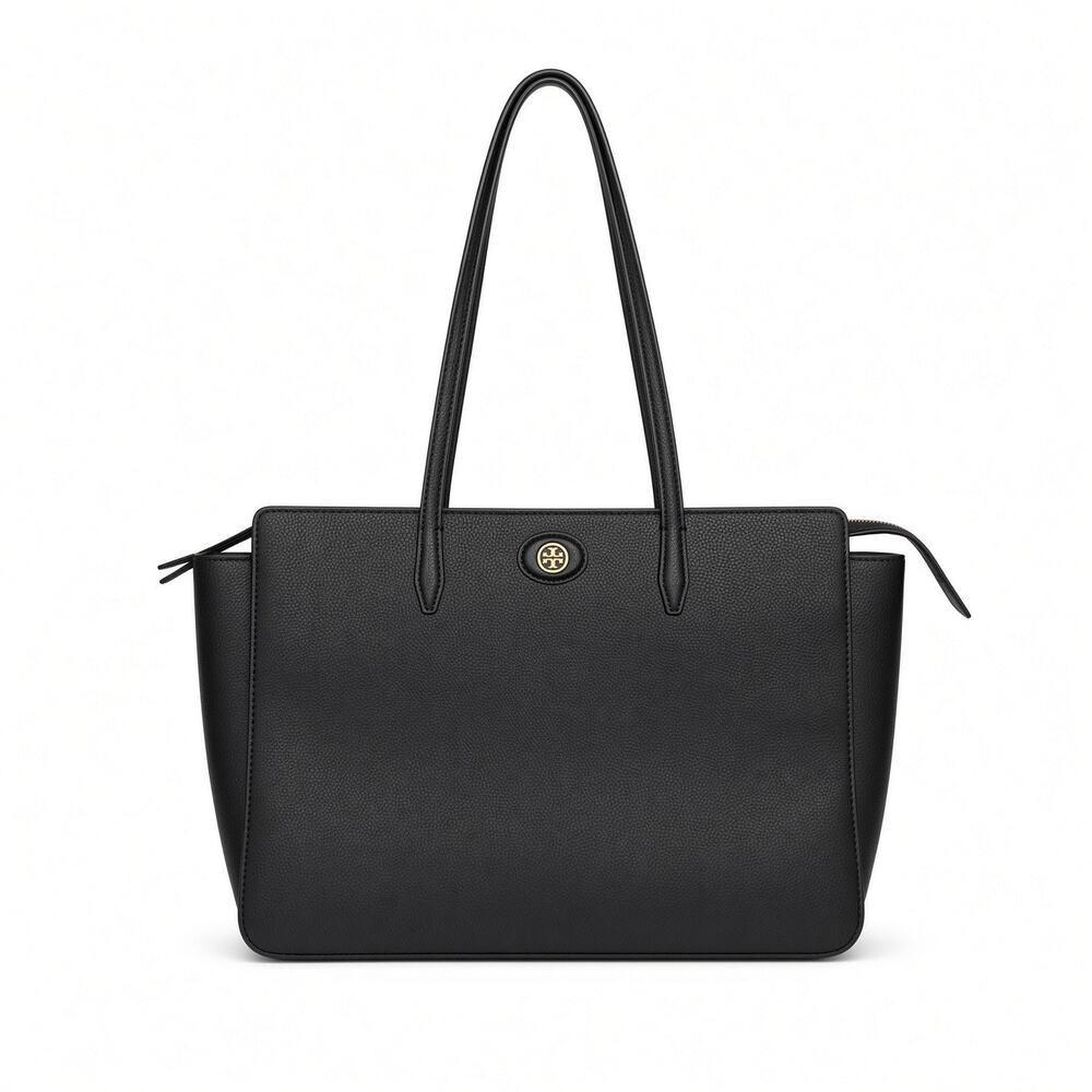 Tory Burch Robinson Pebbled Leather Tote Black Gold Logo Medallion